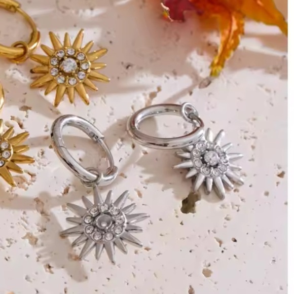 Sunburst Stainless Silver Waterproof Hoop Earrings - Picture 10 of 13